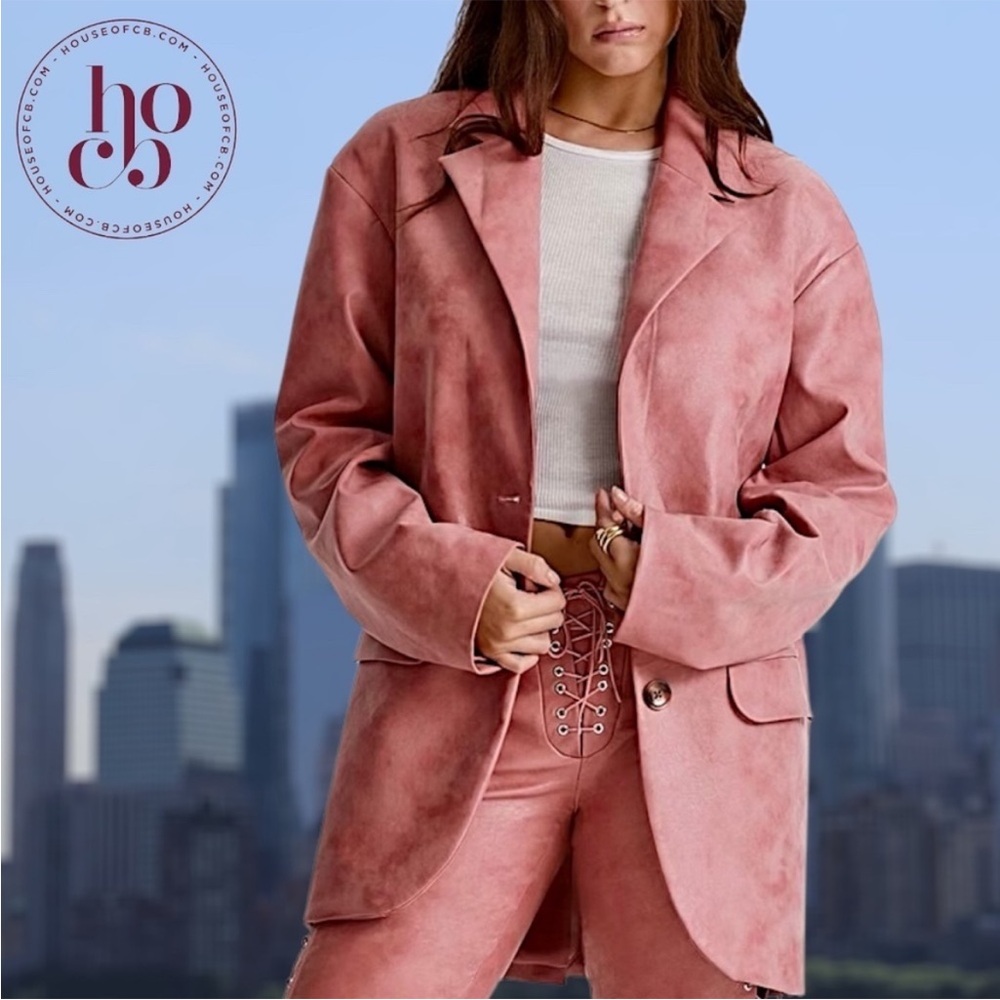 House of CB Womens Kiera Oversize Faux Leather Jacket Size Large Pink NWT - Picture 11 of 16